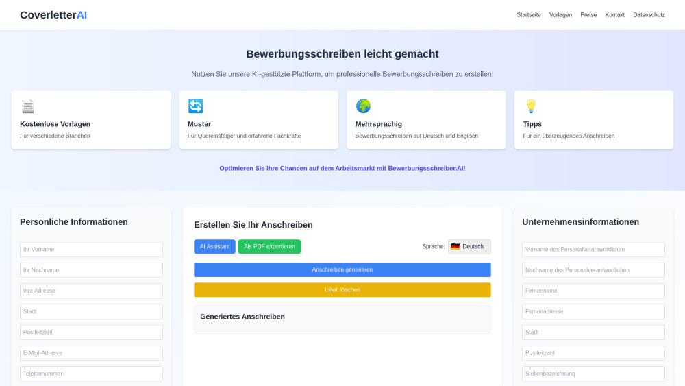 BewerbungsschreibenAI - Professionelle Bewerbungsschreiben Vorlagen